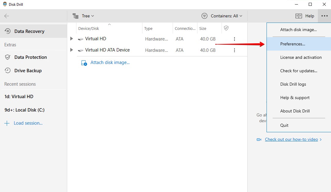 Accessing Disk Drill's preferences.