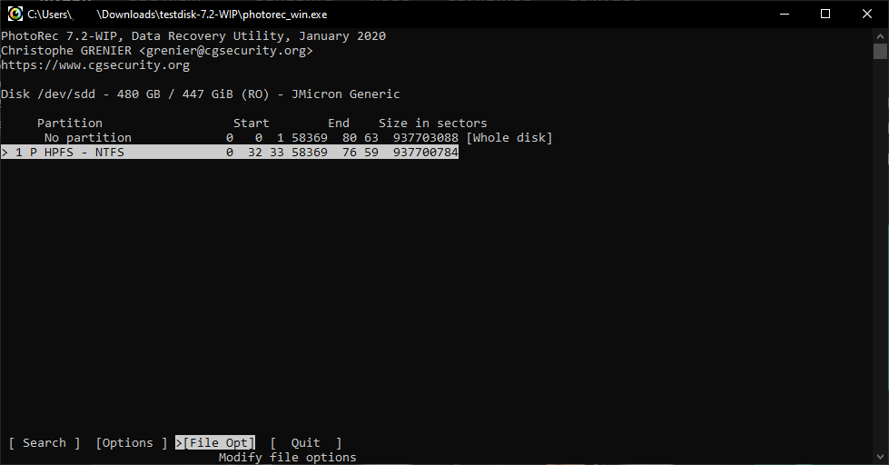 selecting file options in photorec