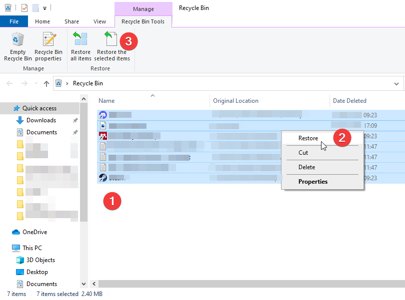 restoring files from the recycle bin