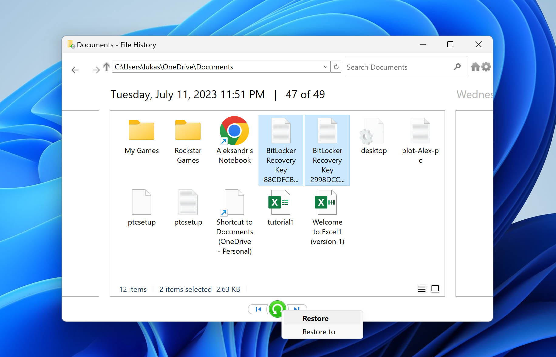 select files and recover them with file history