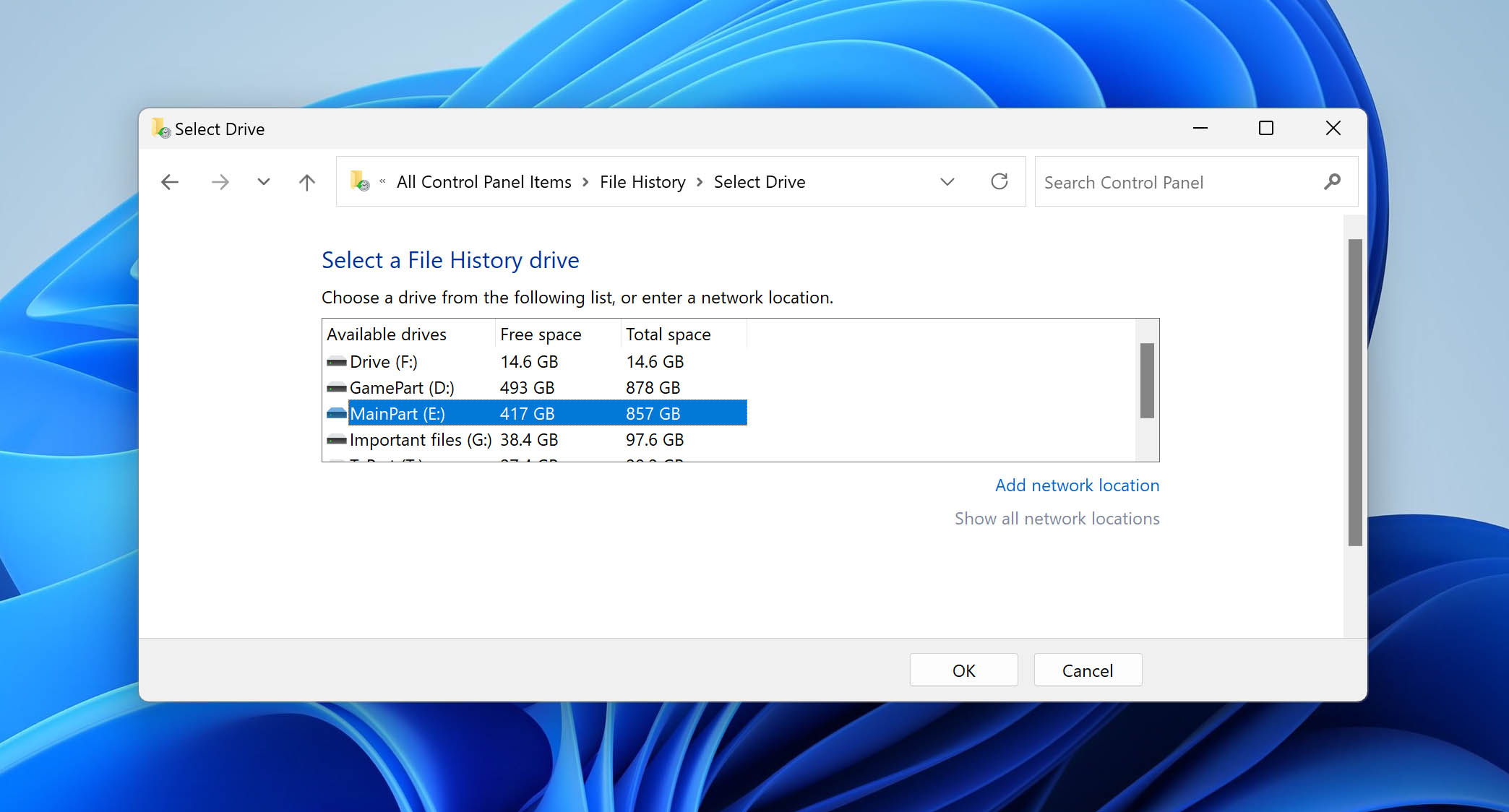 select drive for file history backups