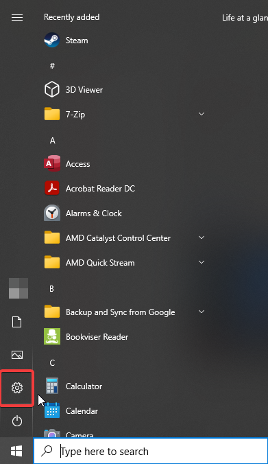 opening settings on windows