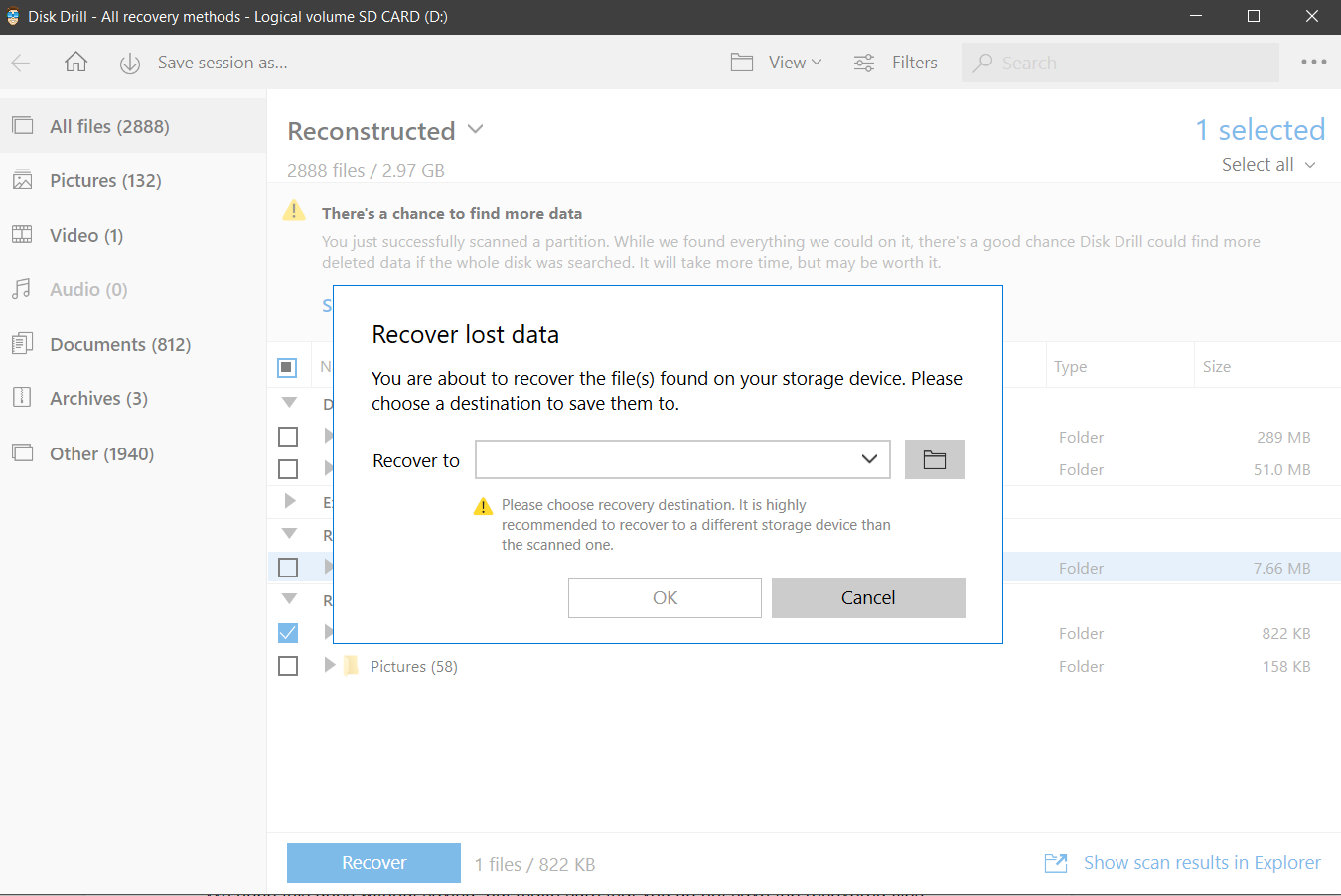 recover lost files in a different storage