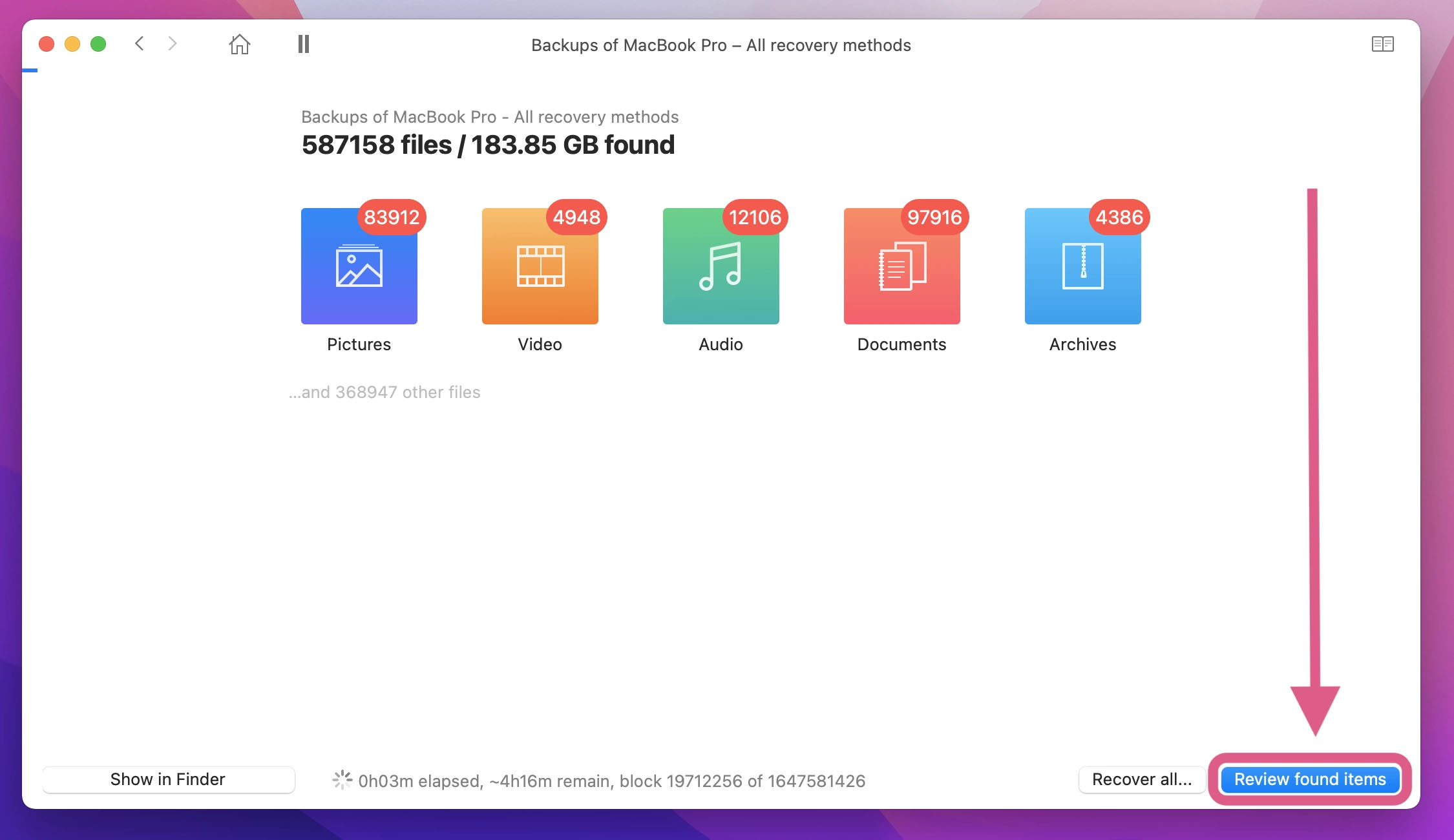 The fifth step to recover your formatted Mac hard drive is to click review found items.