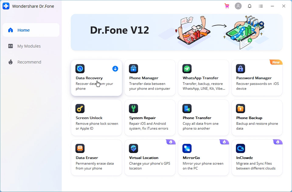 Dr Fone's main interface on Windows 10 desktop