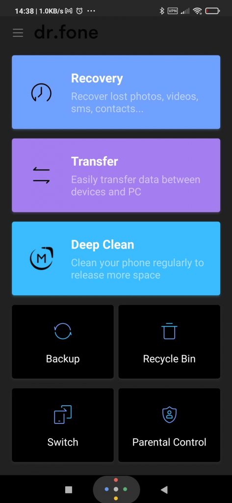 Dr Fone's interface on Android