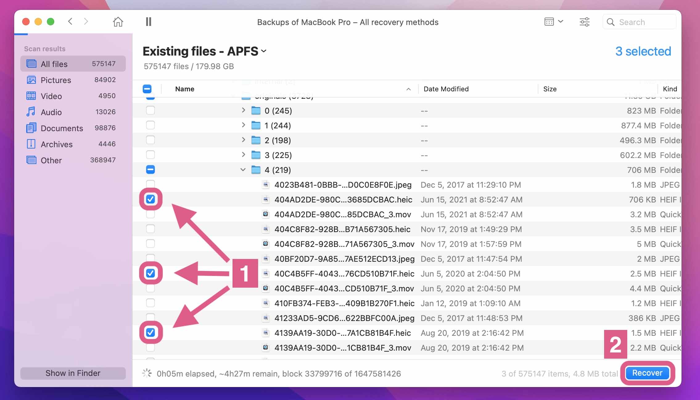 The third step to recover your formatted Mac hard drive is to select your files.