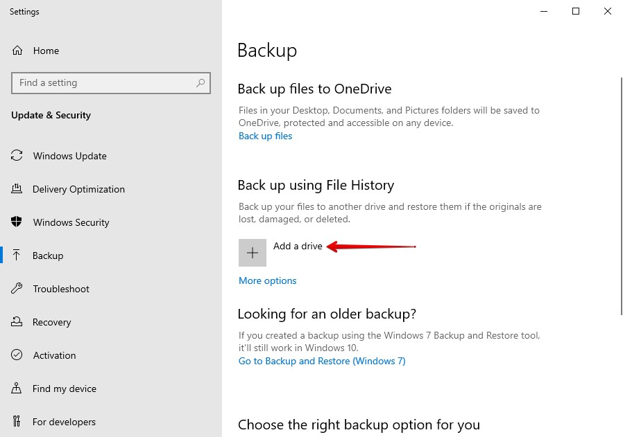 Adding a drive in File History.