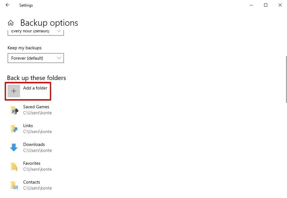 Adding a specific folder to back up.