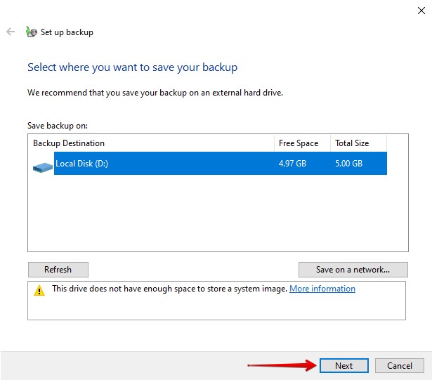 Selecting the backup drive.
