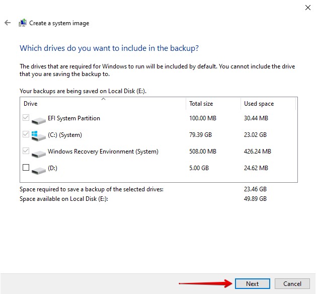 Choosing what drives to include in the backup.