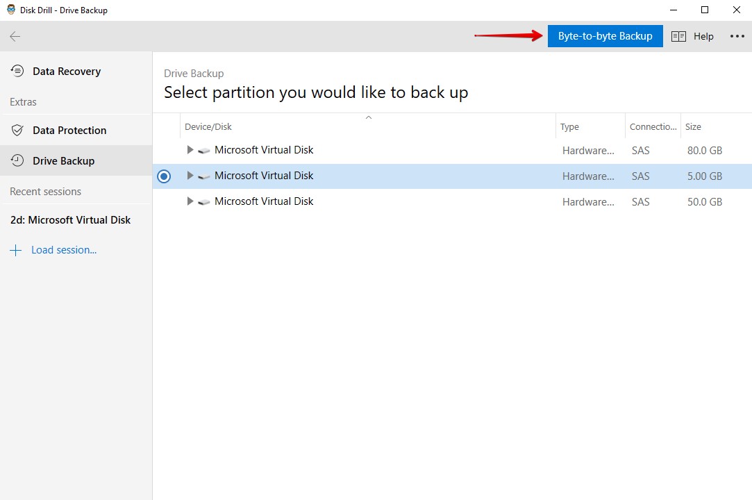 Selecting the drive and creating a byte-to-byte backup.