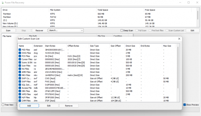 custom list feature on puran file recovery