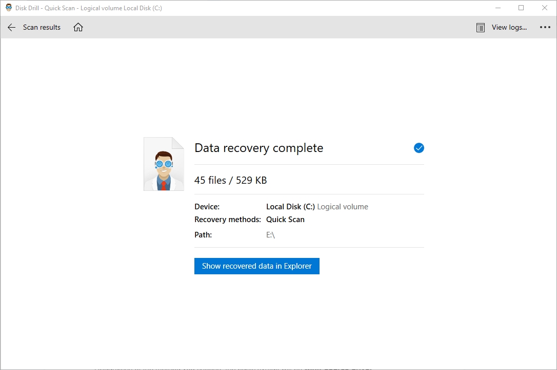 Data Recovery complete screen in Disk Drill.