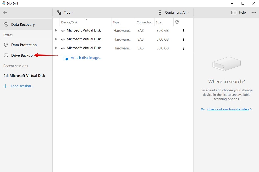 Accessing the Drive Backup feature.
