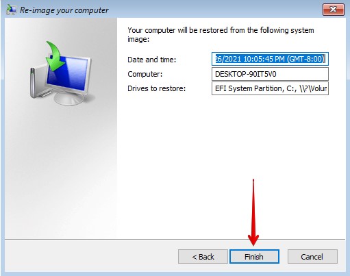Confirming the restore from system image.