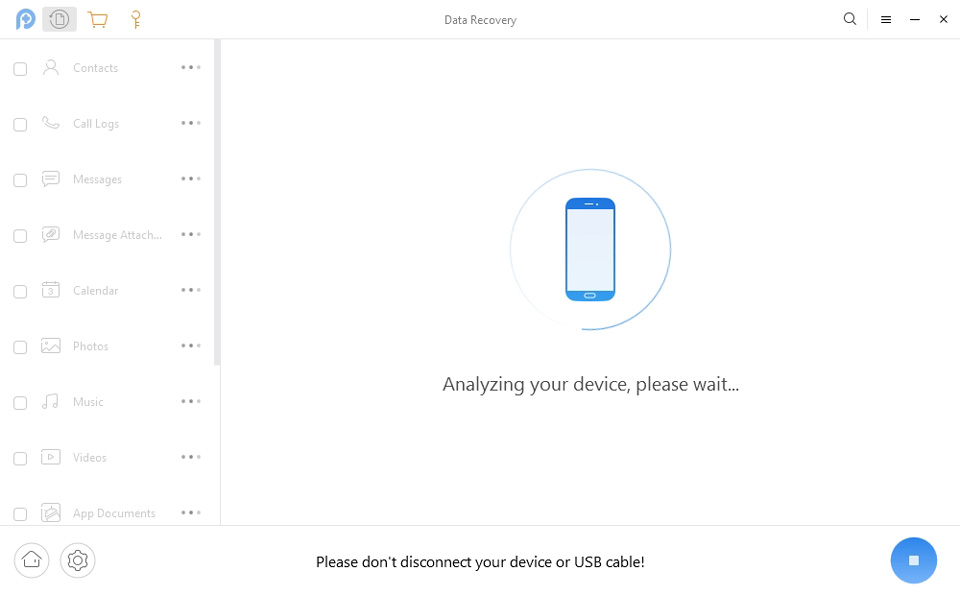 iMobie PhoneRescue desktop app scanning connected Android device for lost files.