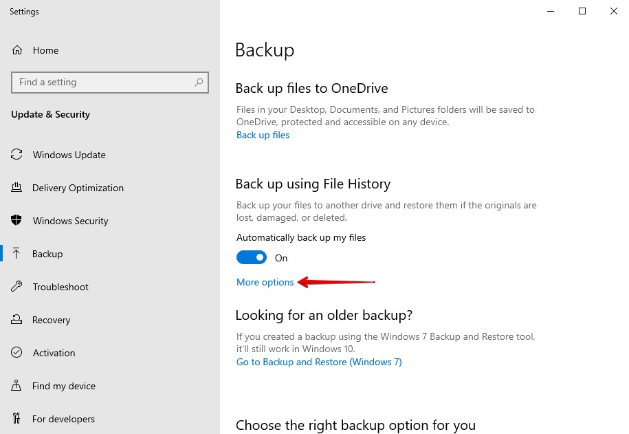 Look at additional File History settings.