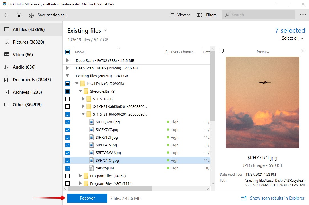Recovering the marked files.