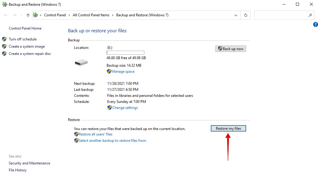 Choosing to restore files from the backup.