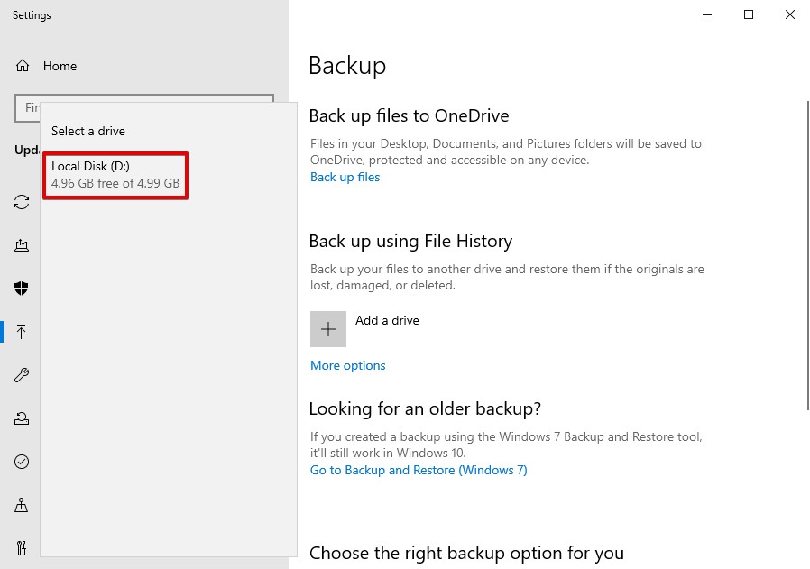 Selecting what drive will hold the backups.