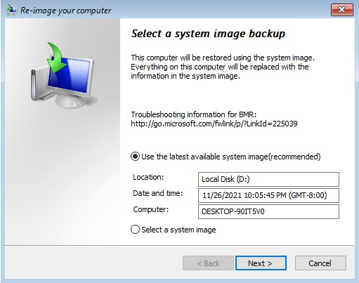 Selecting the system image.