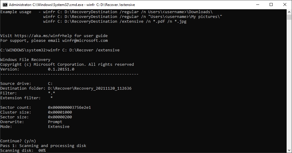 Extensive mode in Windows File Recovery Tool.