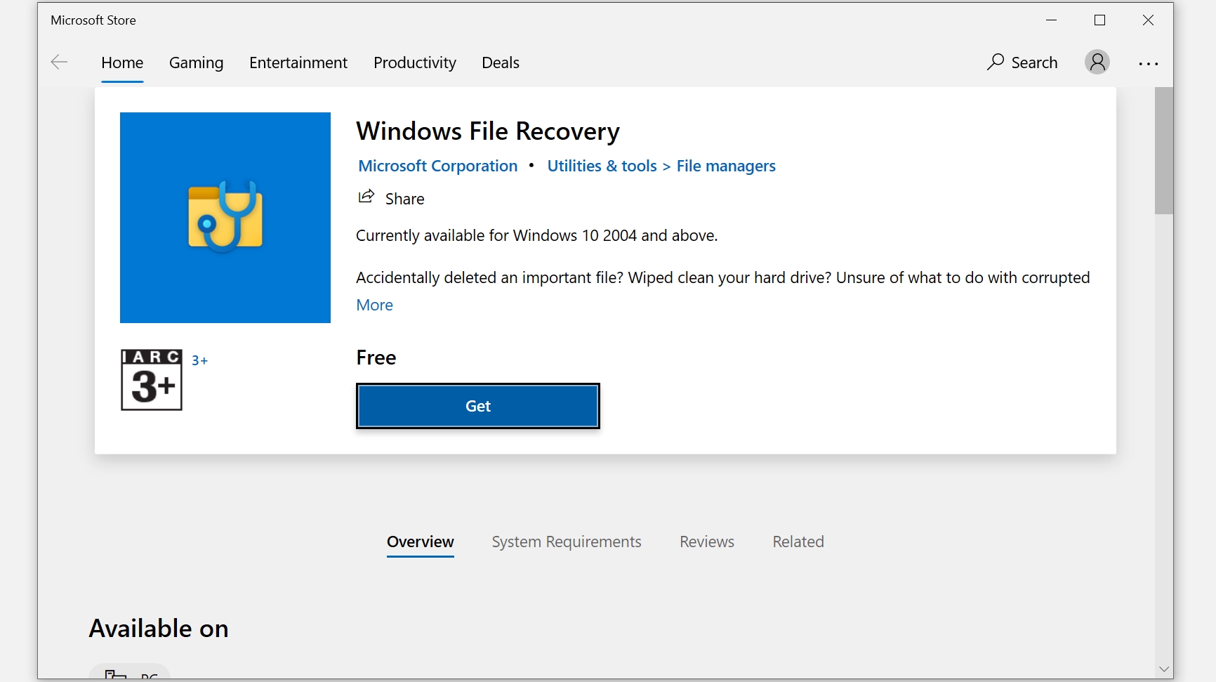 Windows File Recovery tool download page on the Microsoft Store.