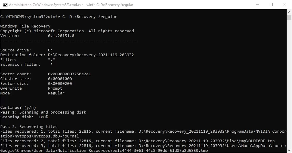 Windows File Recovery tool regular mode.