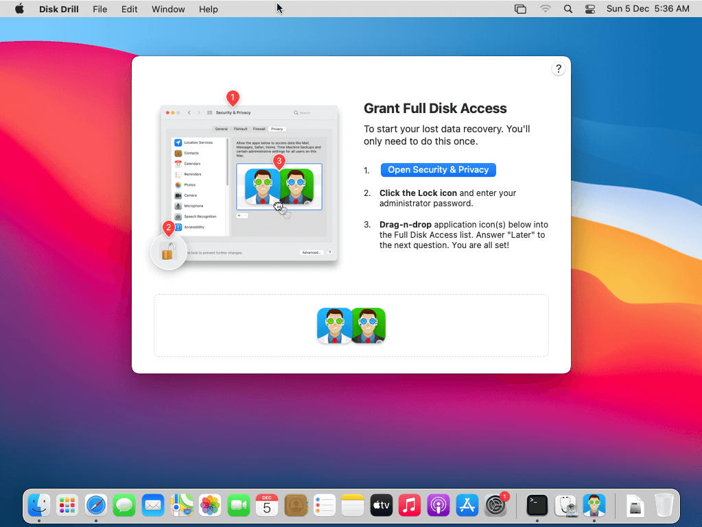 allow permissions to disk drill