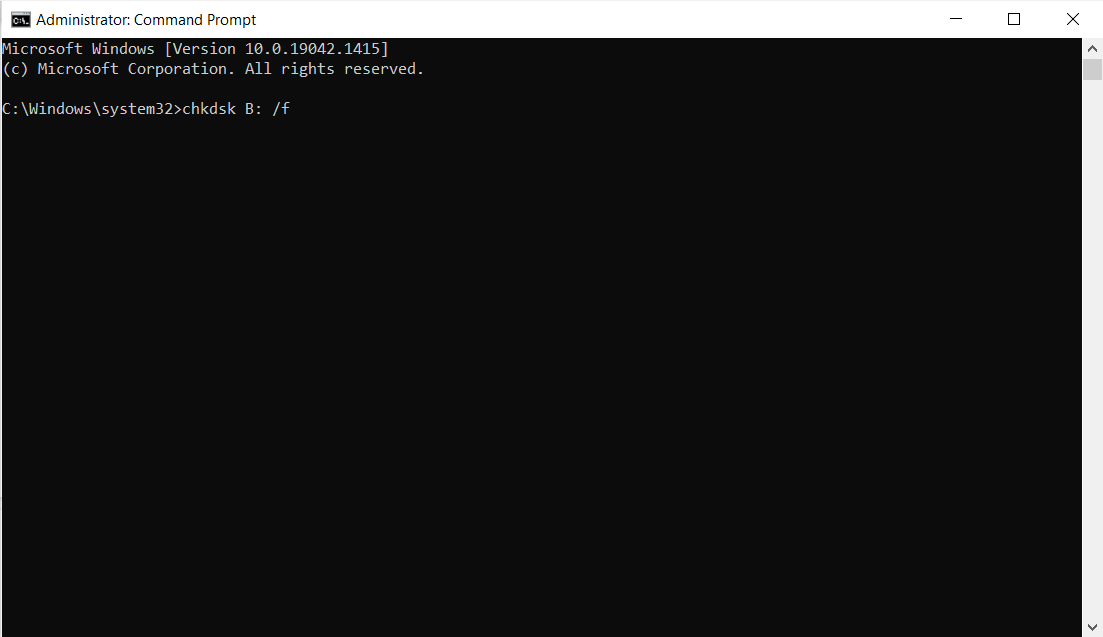 command prompt executing the "checkdisk f" function specifically for drive B
