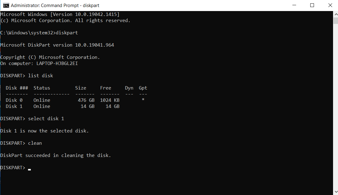 Diskpart Command Prompt window showing a successful disk cleaning