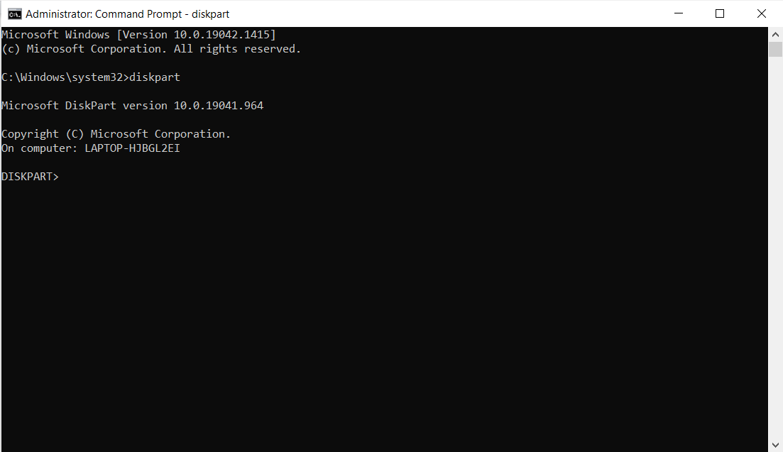 Diskpart Command Prompt window