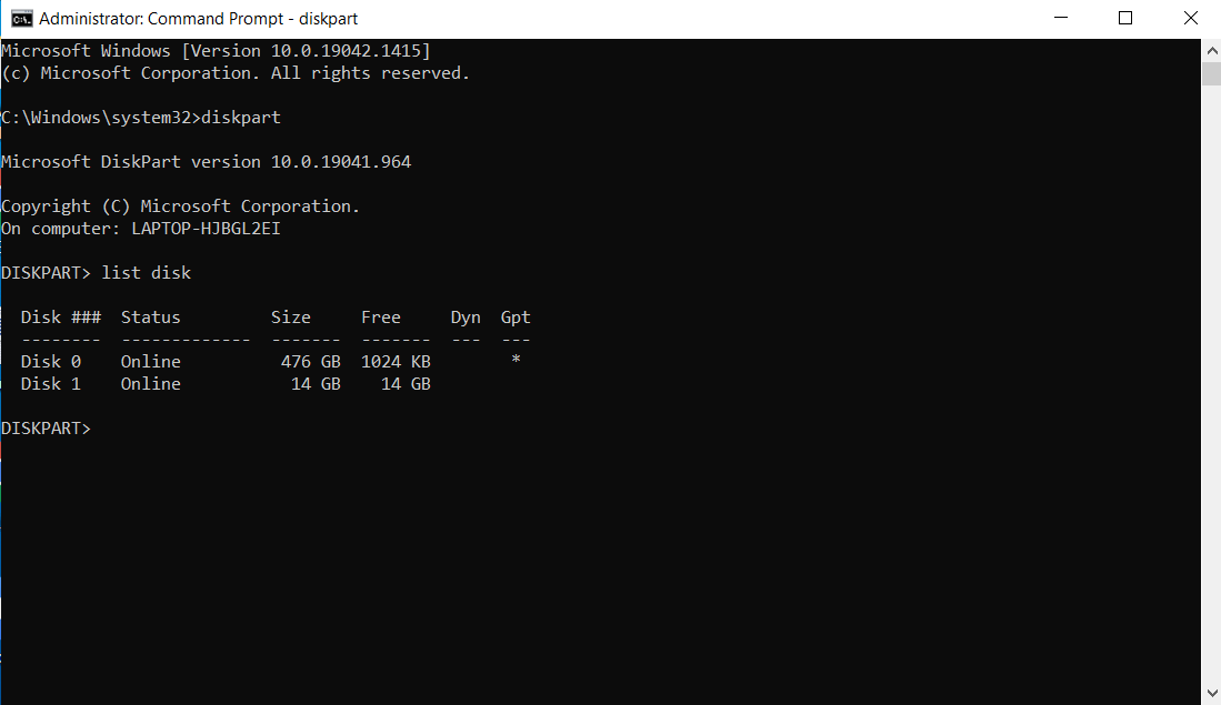Diskpart Command Prompt window showing a list of drives and their corresponding disk numbers
