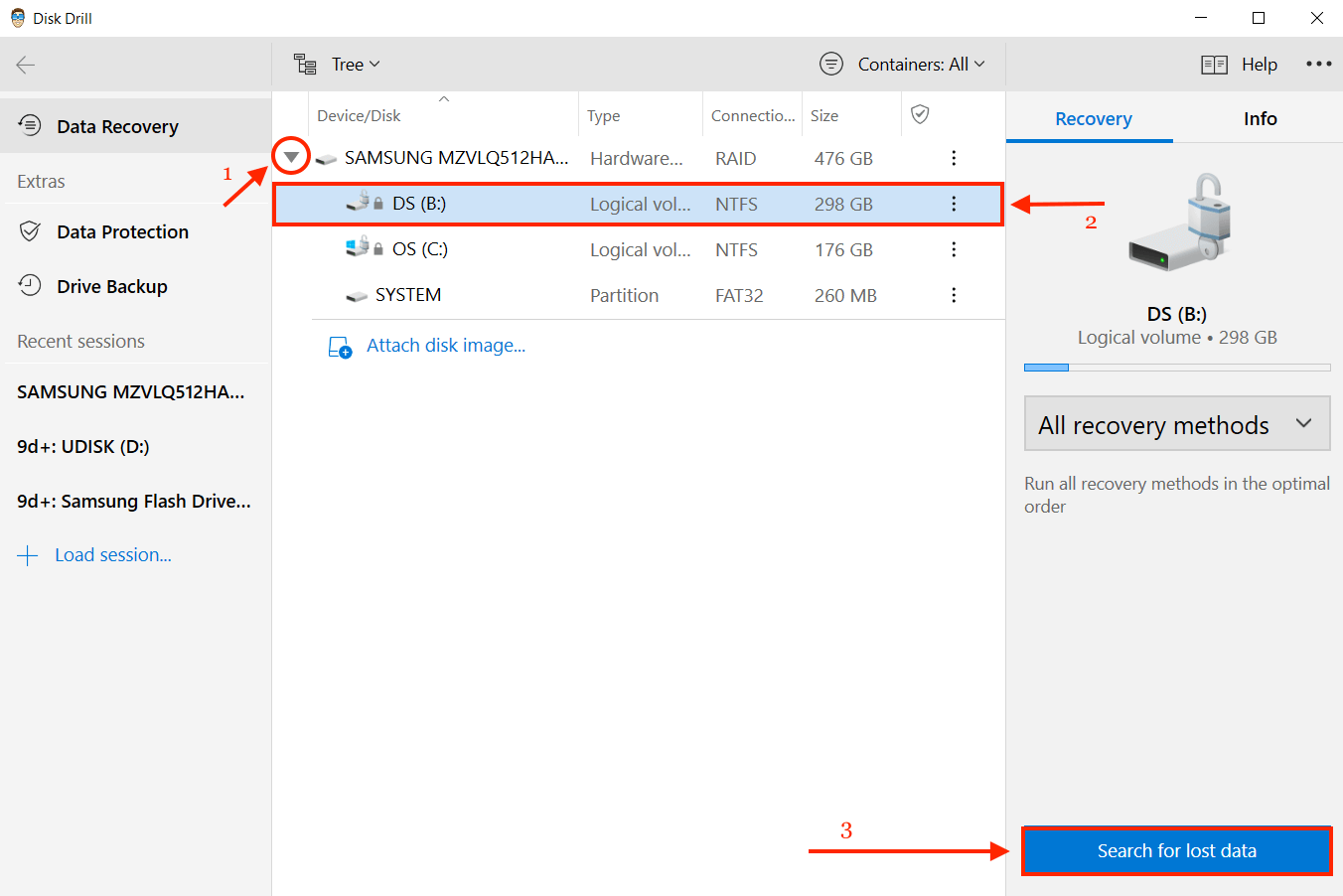 Disk drill data recovery window with pointers towards a drop down arrow, the drive, and the Search for lost data button