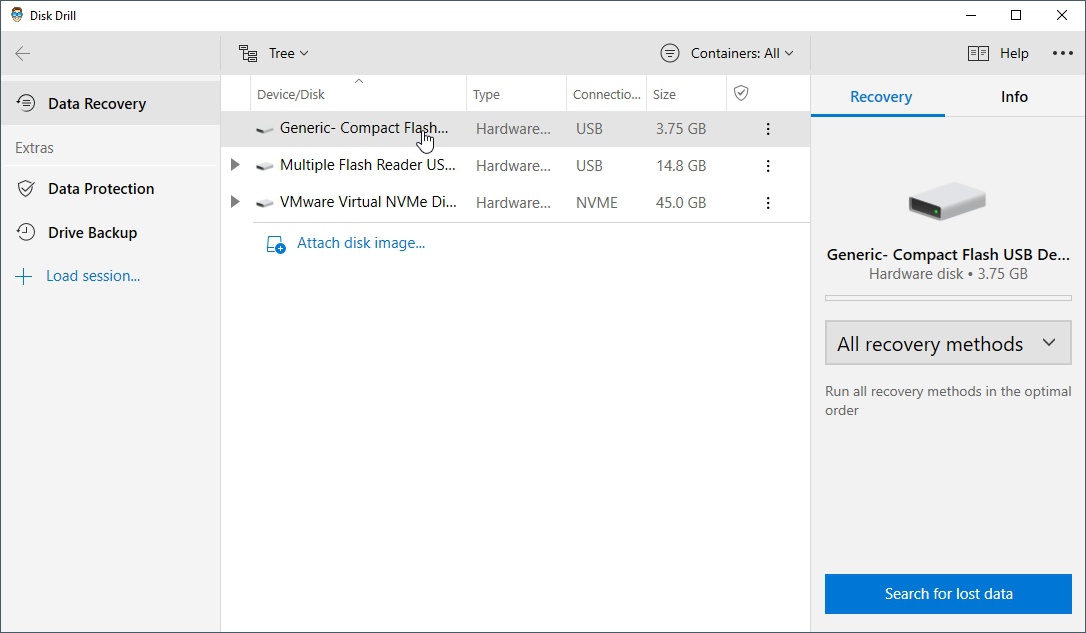 Selecting device for file recovery in Windows 10 Disk Drill