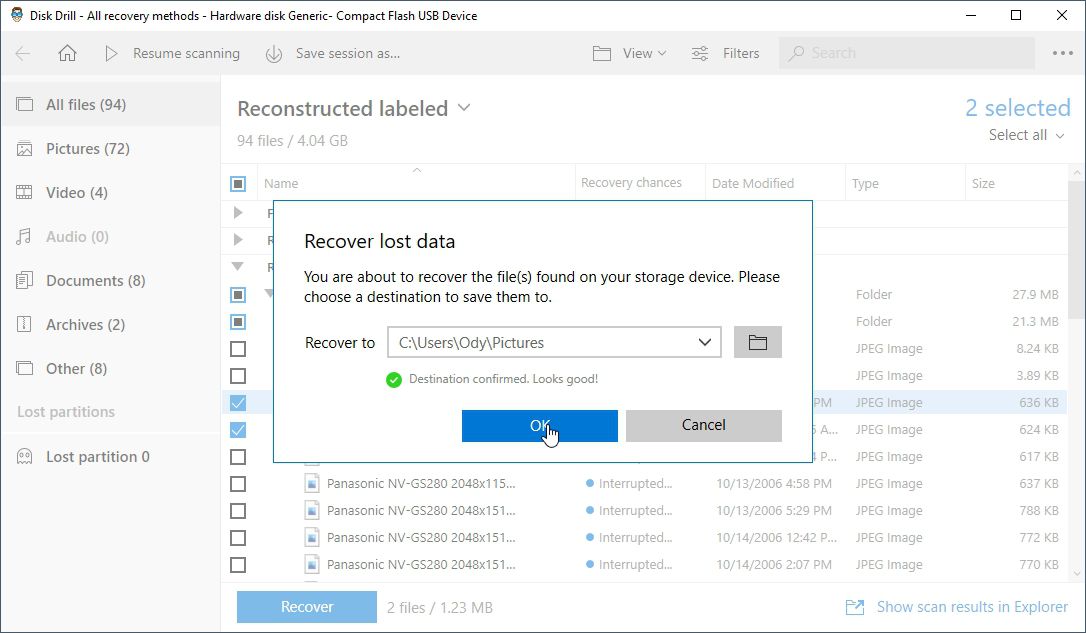Choosing the destination for recovered files in Disk Drill