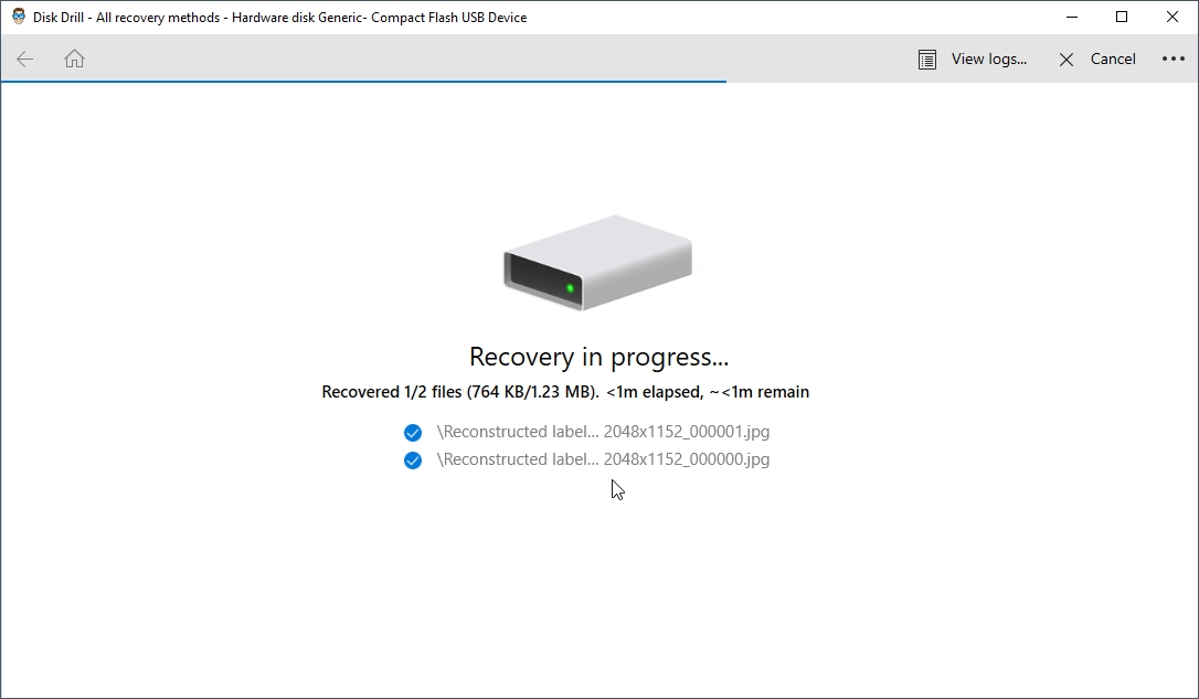 Disk Drill's file recovery progress window