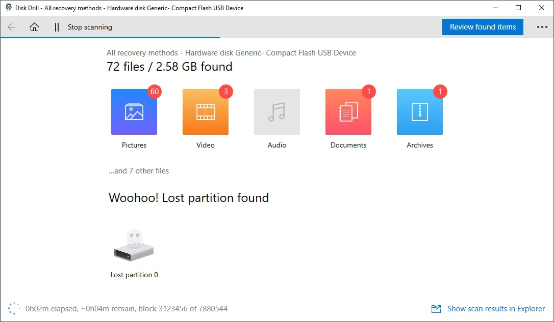 Disk Drill scanning for lost files on Windows 10