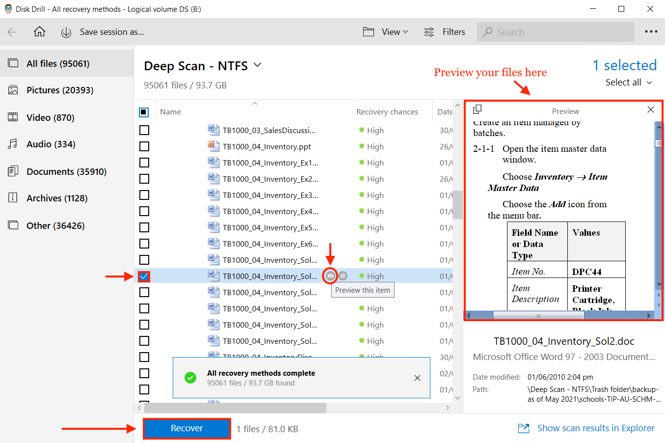 Disk drill all files window with a pointer towards an eye button beside the file name and another one towards the preview of that file