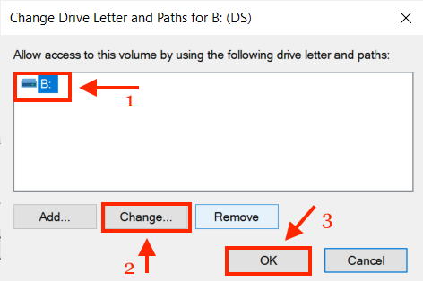 disk management change drive letter and paths select drive window