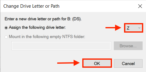 disk management change drive letter and paths new letter selection window