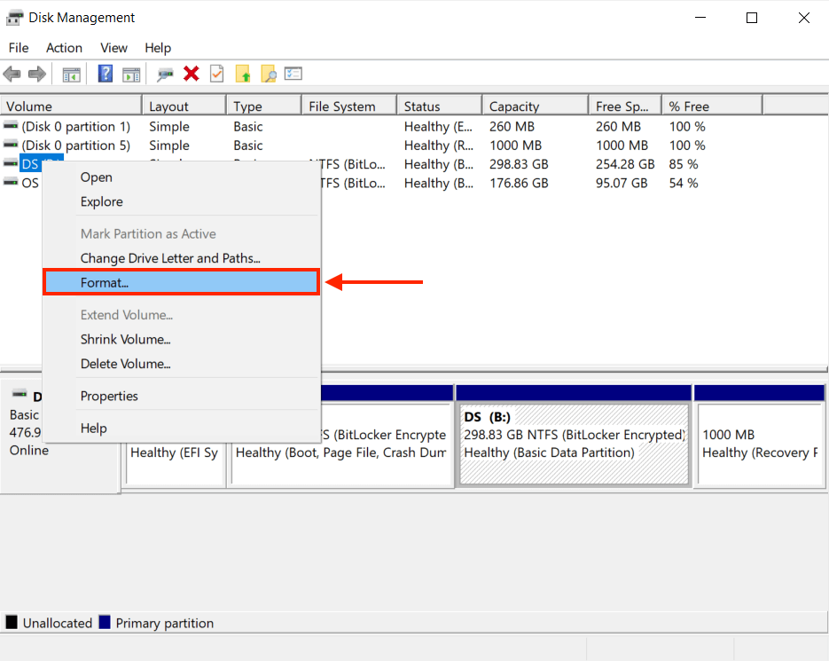 Disk Management window with an outline highlighting the selected drive and a pointer towards the Format option