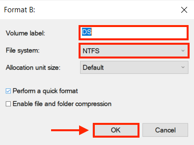 Disk Management pop out window showing an options to enter volume label and select a file system 