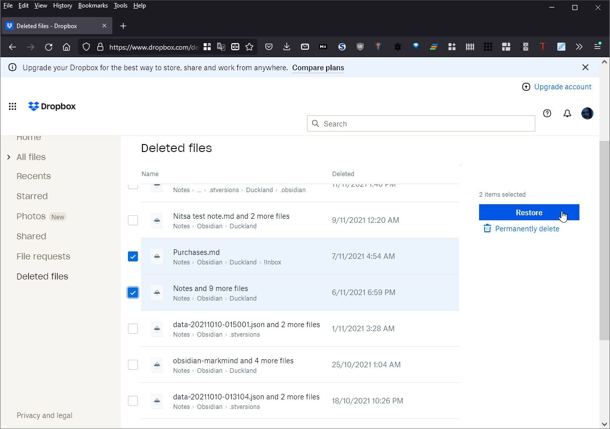 DropBox web interface's option to restore deleted files.