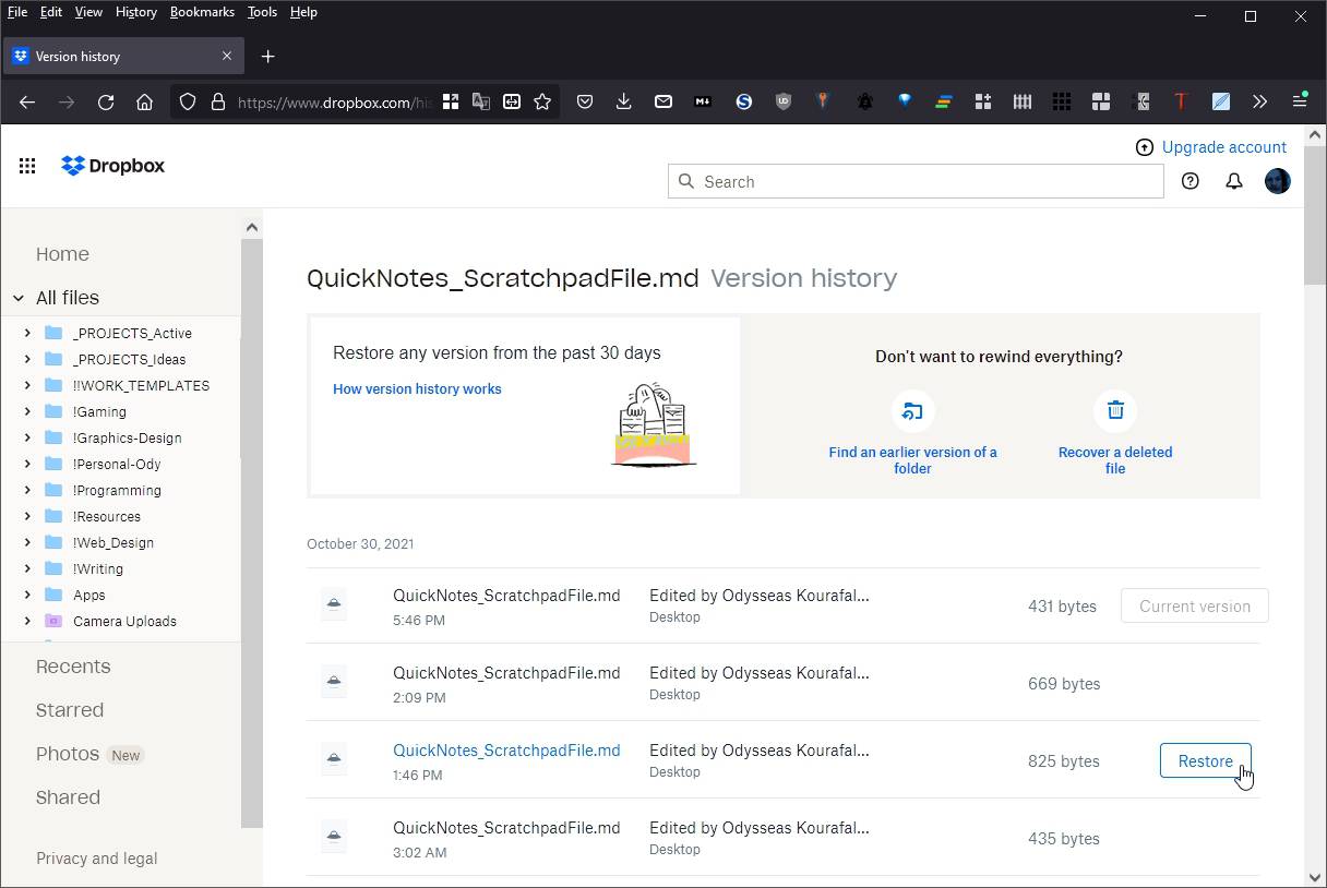 Choosing previous version of file to restore in Dropbox's web interface.
