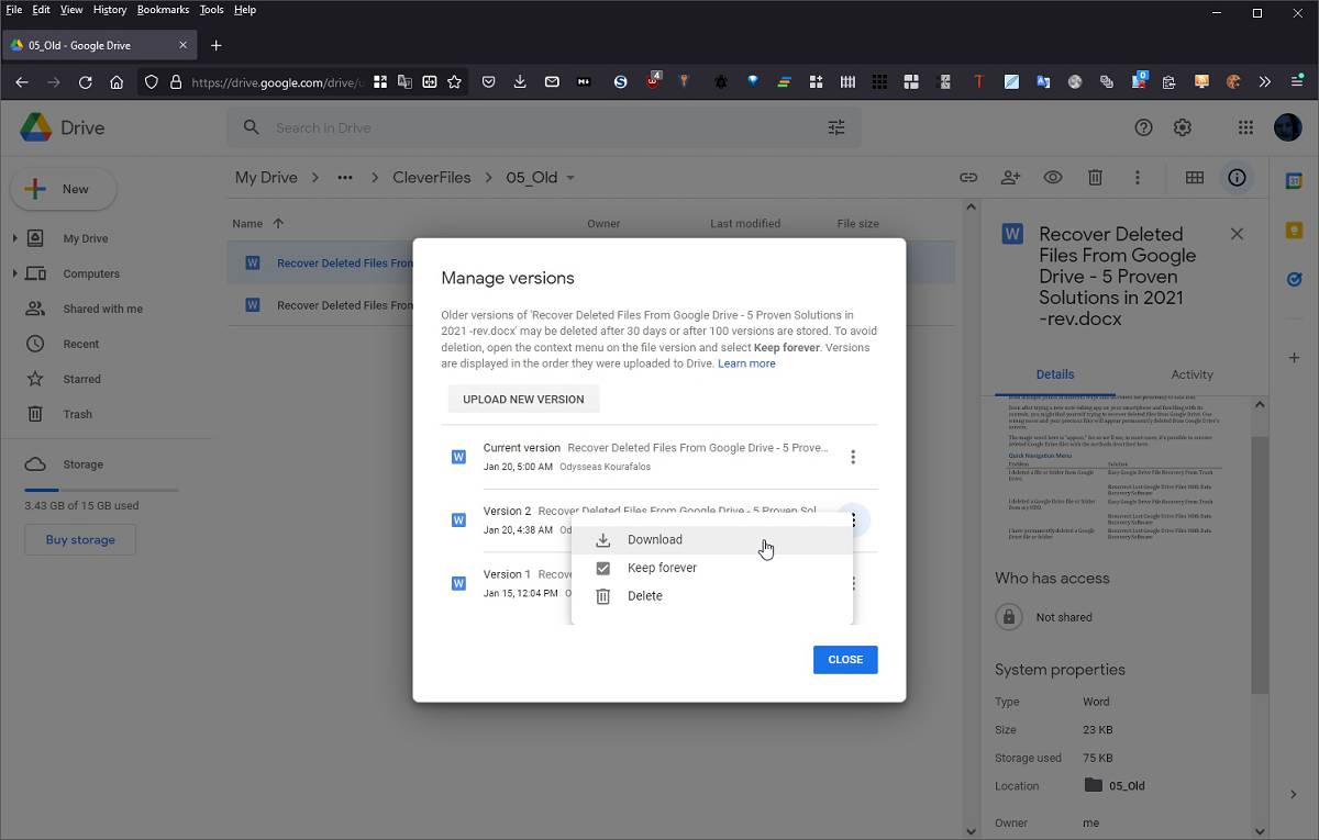 Downloading an older version of a file from Google Drive.