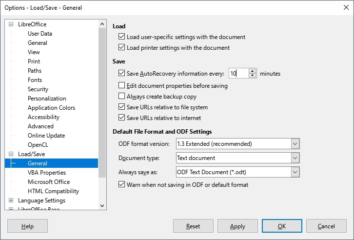 LibreOffice General Options page