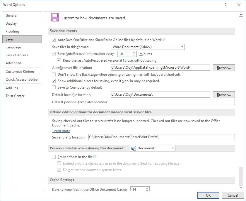 Microsoft Word Save AutoRecover options