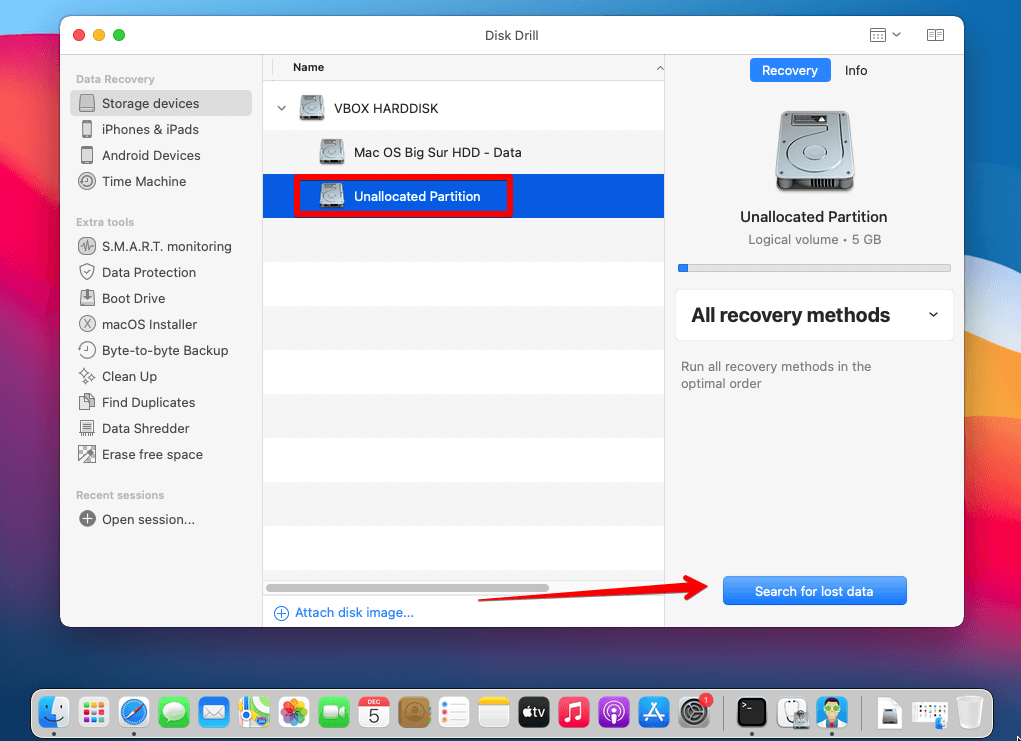 select the unallocated partition and search for lost data